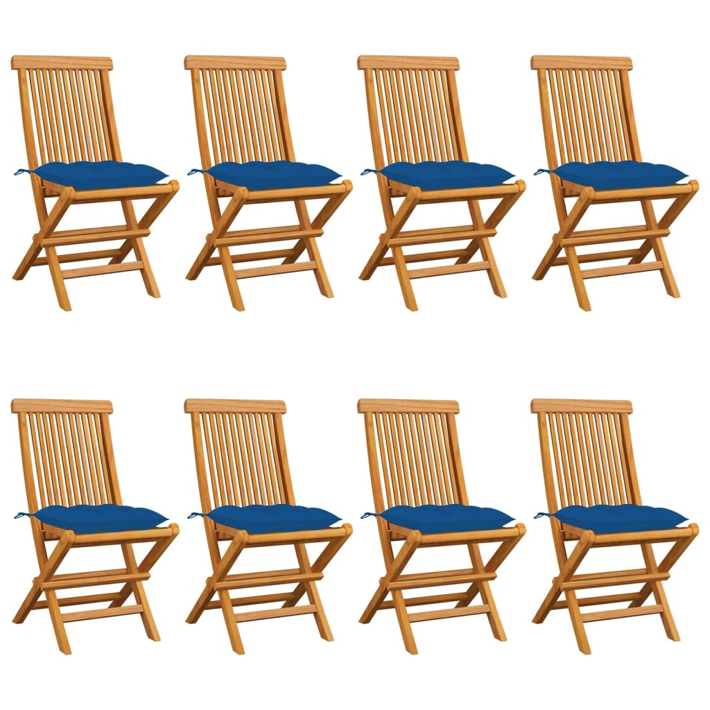 vidaXL Gartenstühle mit Blauen Kissen 8 Stk. Massivholz Teak