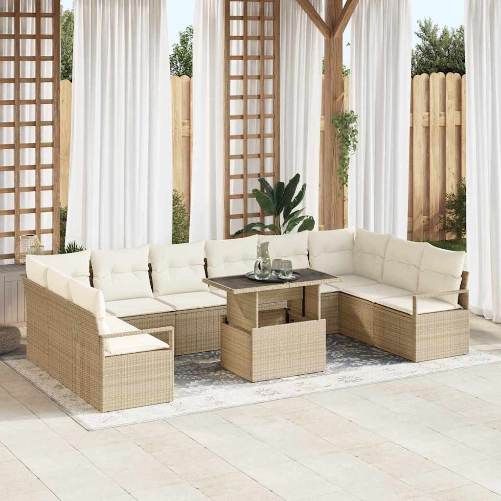 vidaXL Gartensofa-set mit Kissen mit Speicher 11 pcs Beige Poly-Rattan
