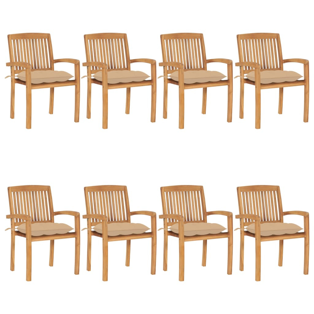 vidaXL Stapelbare Gartenstühle mit Kissen 8 Stk. Massivholz Teak