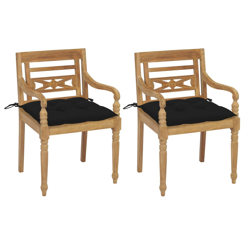 vidaXL Batavia-Stühle 2 Stk. mit Schwarzen Kissen Teak Massivholz