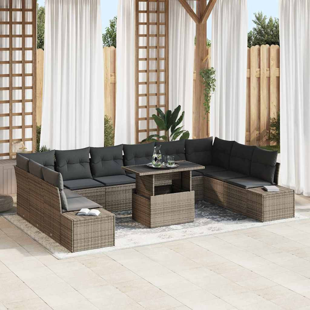 vidaXL Gartensofa-set mit Kissen mit Speicher 11 pcs Grau Poly-Rattan