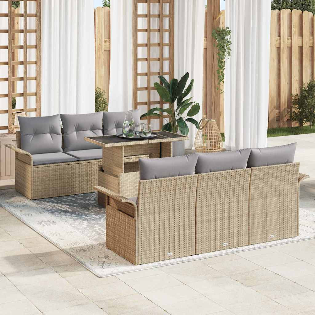 vidaXL Gartensofa-set mit Kissen mit Speicher 7 pcs Beige Poly Rattan