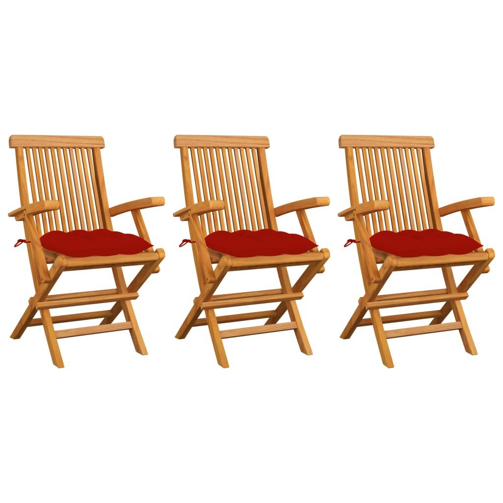 vidaXL Gartenstühle mit Roten Kissen 3 Stk. Massivholz Teak