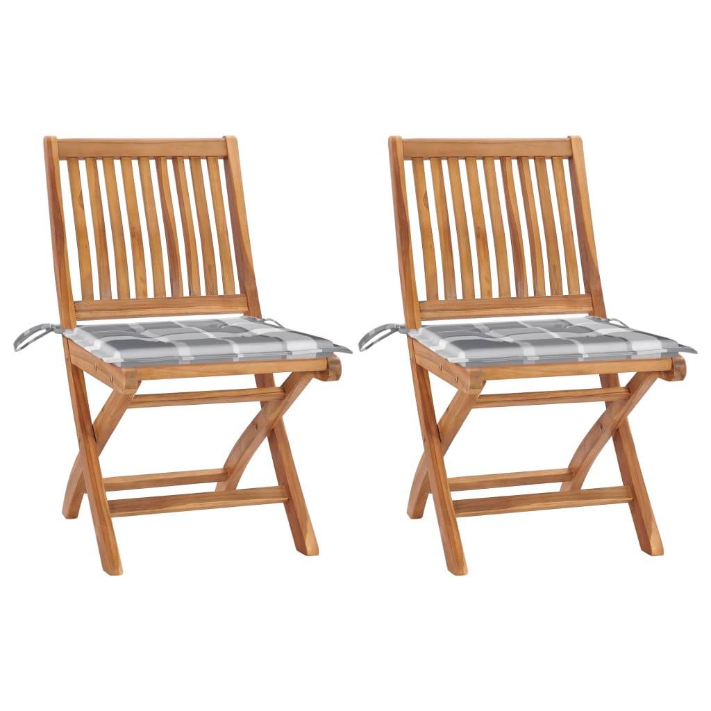 vidaXL Gartenstühle 2 Stk. Graue Karomuster-Kissen Massivholz Teak