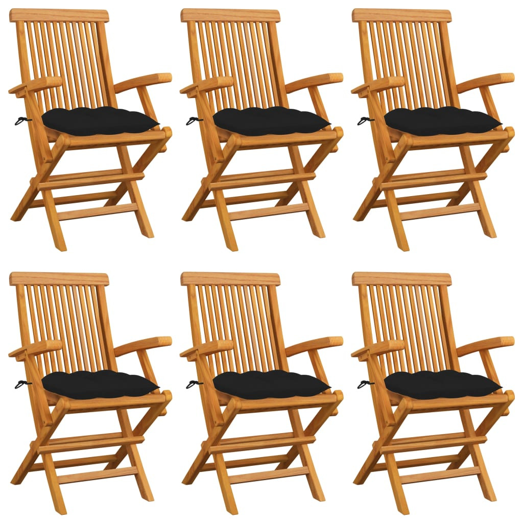 vidaXL Gartenstühle mit Schwarzen Kissen 6 Stk. Massivholz Teak