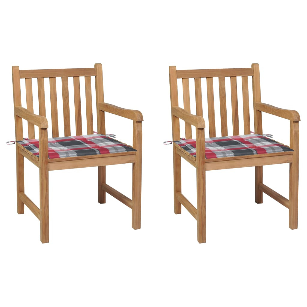 vidaXL Gartenstühle 2 Stk. Rote Karomuster-Kissen Massivholz Teak