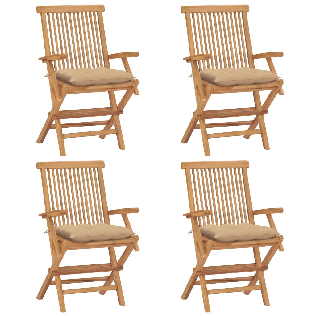 vidaXL Gartenstühle mit Beige Kissen 4 Stk. Massivholz Teak