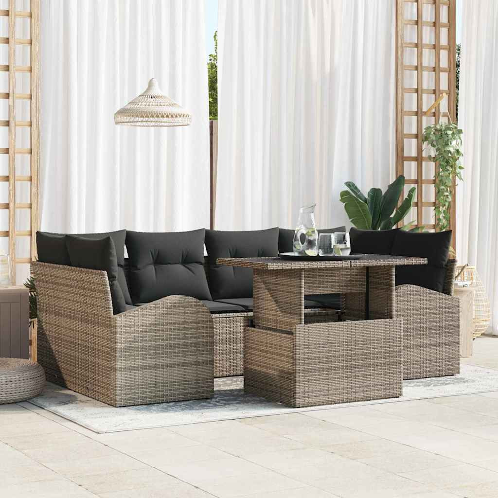 vidaXL Garten-Sofa-Set mit Kissen mit Speicher 7 pcs Grau Poly Rattan