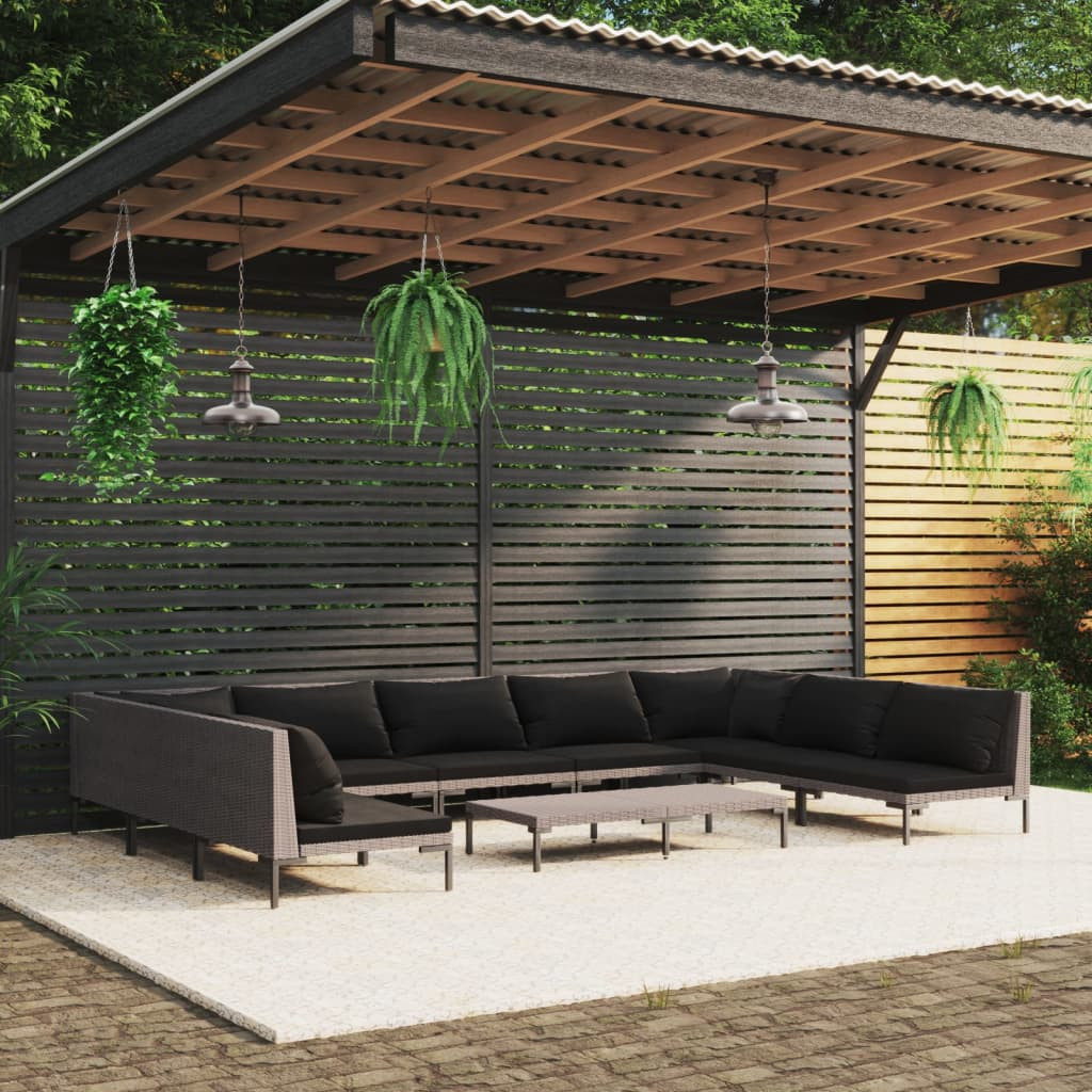 vidaXL 10-tlg. Garten-Lounge-Set mit Kissen Poly Rattan Dunkelgrau