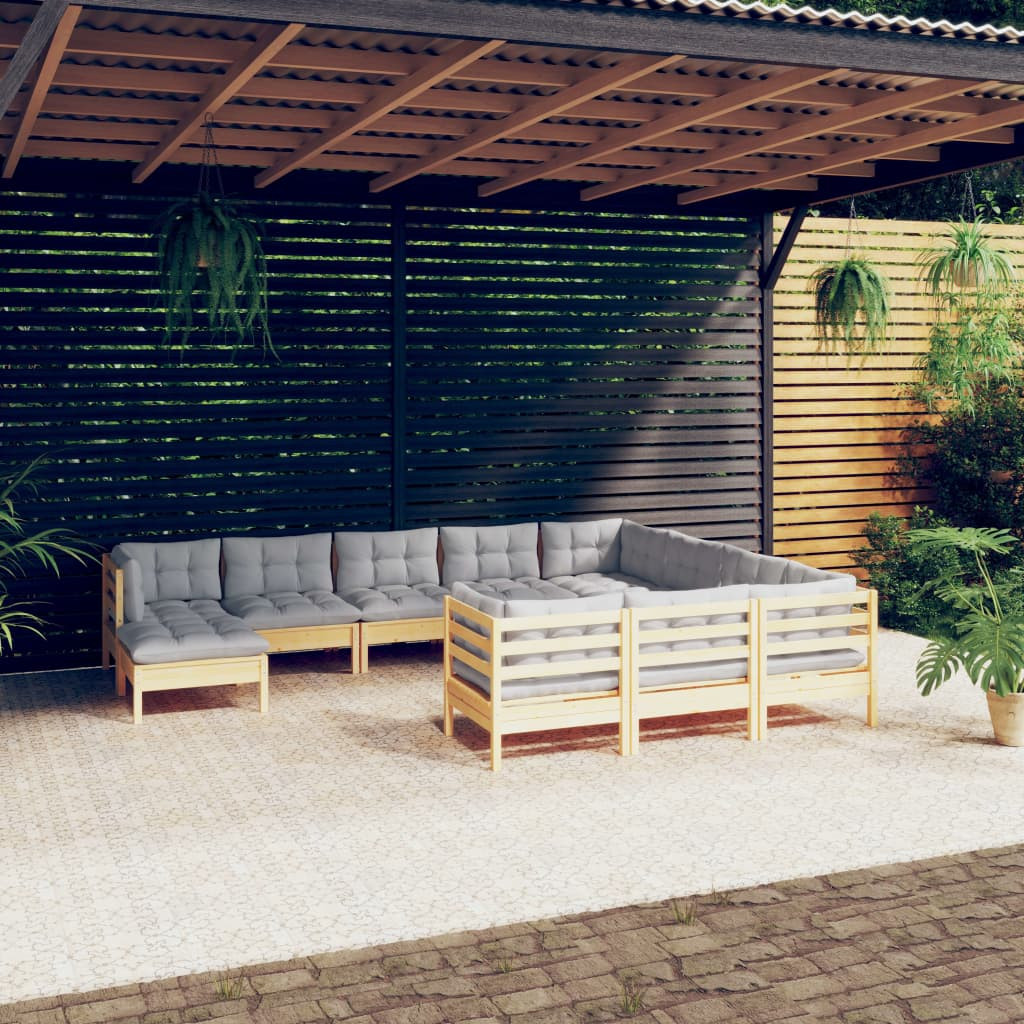 vidaXL 11-tlg. Garten-Lounge-Set mit Grauen Kissen Kiefernholz