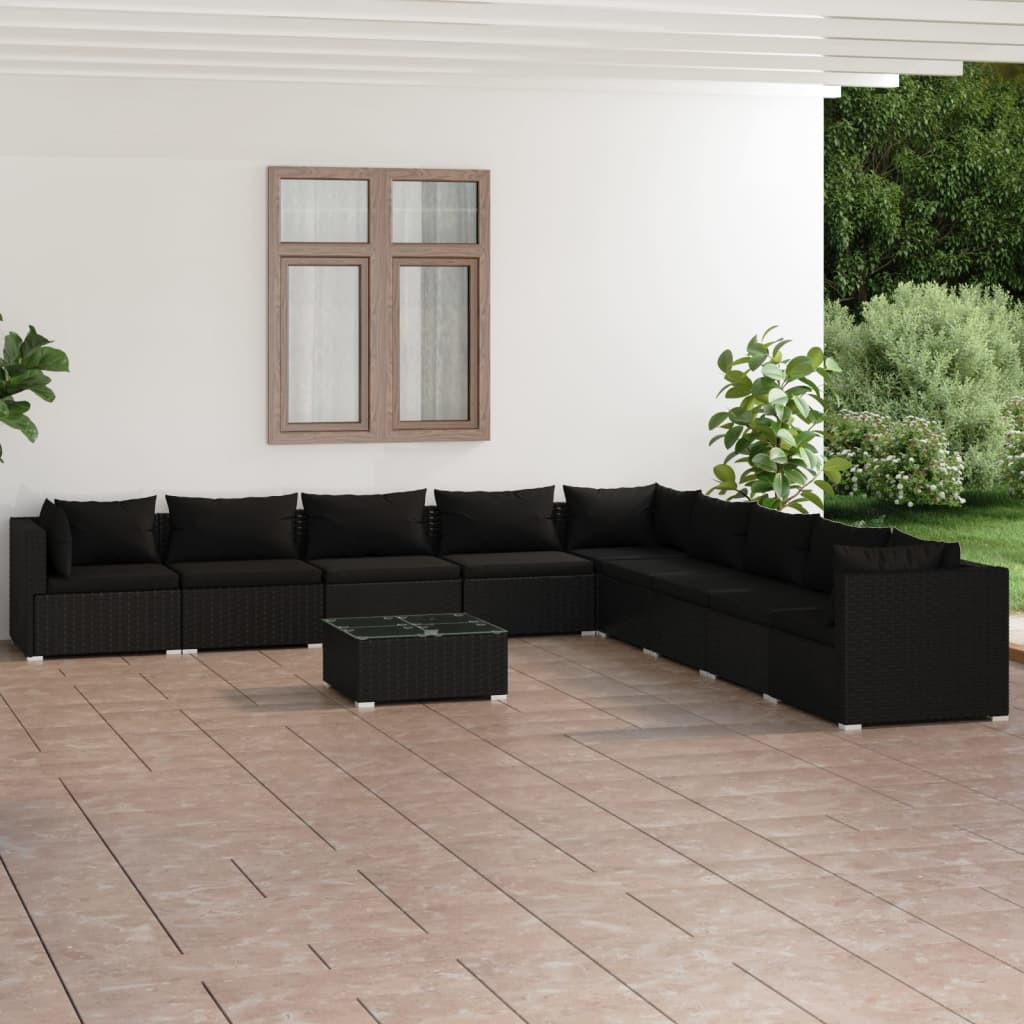 vidaXL 10-tlg. Garten-Lounge-Set mit Kissen Poly Rattan Schwarz