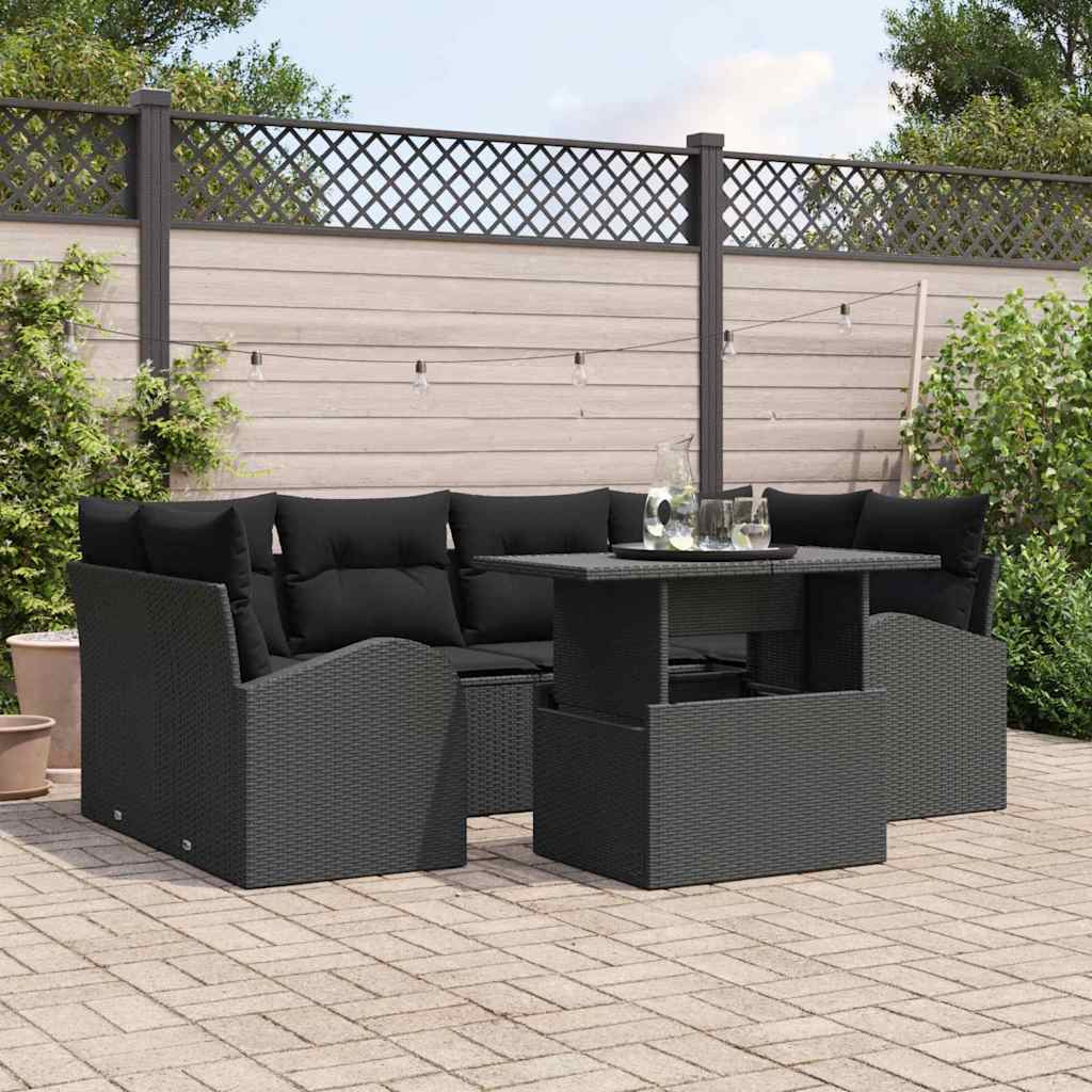 vidaXL Garten-Sofa-Set mit Kissen mit Kissen 7 pcs Schwarz Poly Rattan