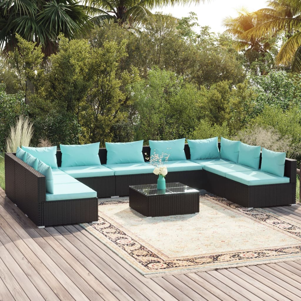 vidaXL 10-tlg. Garten-Lounge-Set mit Kissen Poly Rattan Schwarz