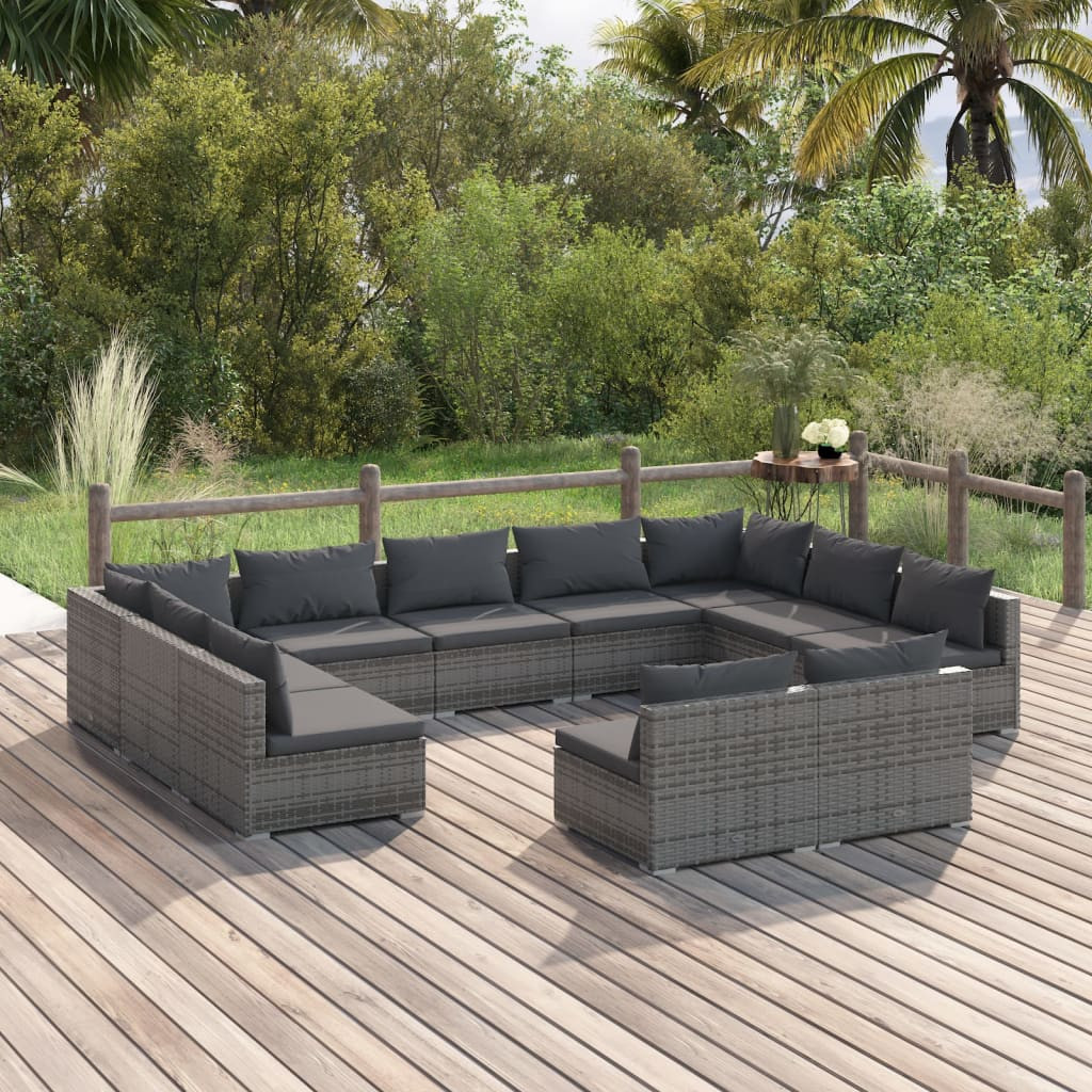 vidaXL 11-tlg. Garten-Lounge-Set mit Kissen Grau Poly Rattan