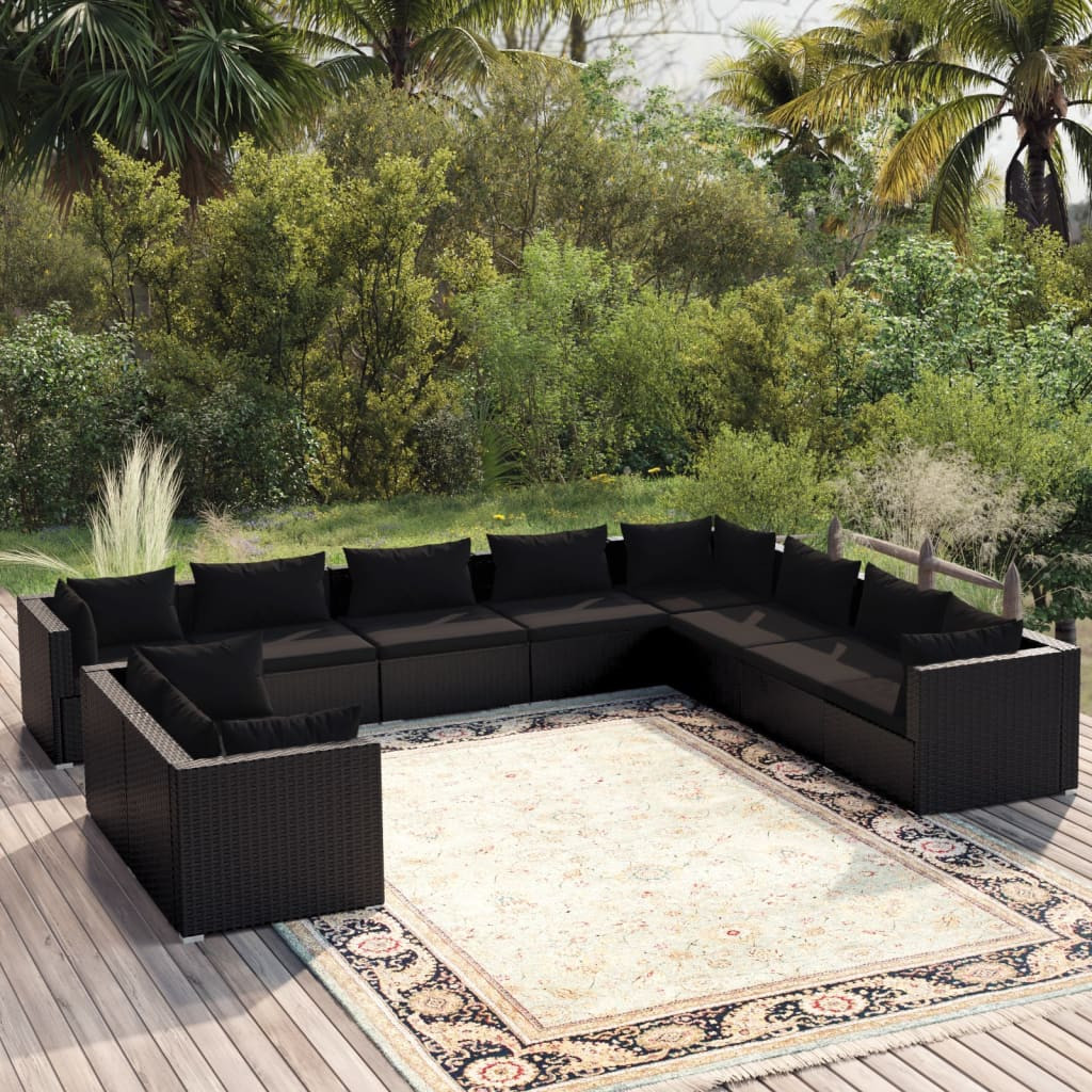 vidaXL 10-tlg. Garten-Lounge-Set mit Kissen Schwarz Poly Rattan