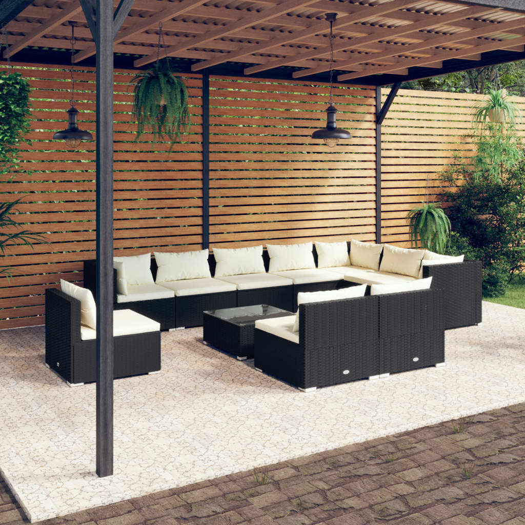 vidaXL 11-tlg. Garten-Lounge-Set mit Kissen Poly Rattan Schwarz