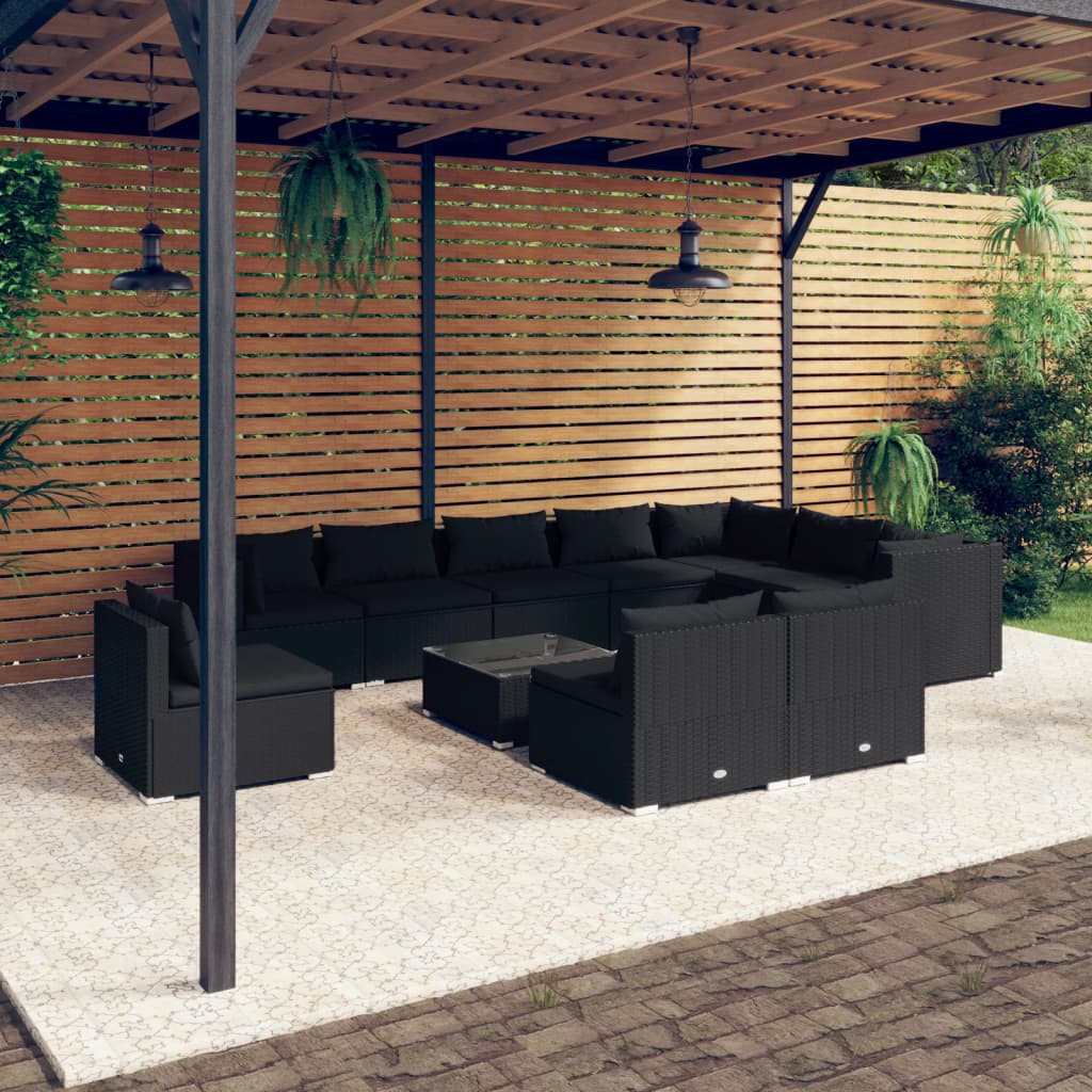vidaXL 11-tlg. Garten-Lounge-Set mit Kissen Poly Rattan Schwarz