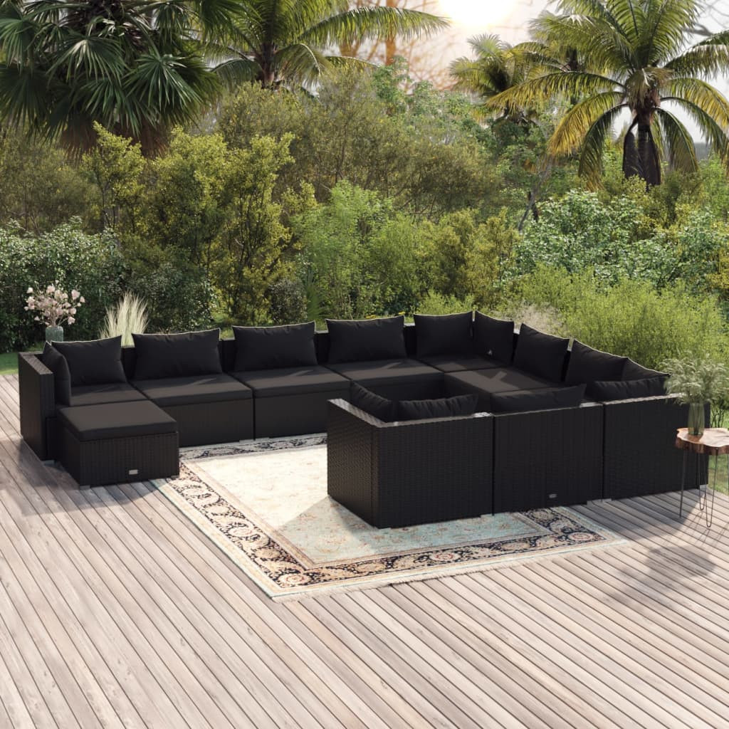 vidaXL 11-tlg. Garten-Lounge-Set mit Kissen Poly Rattan Schwarz