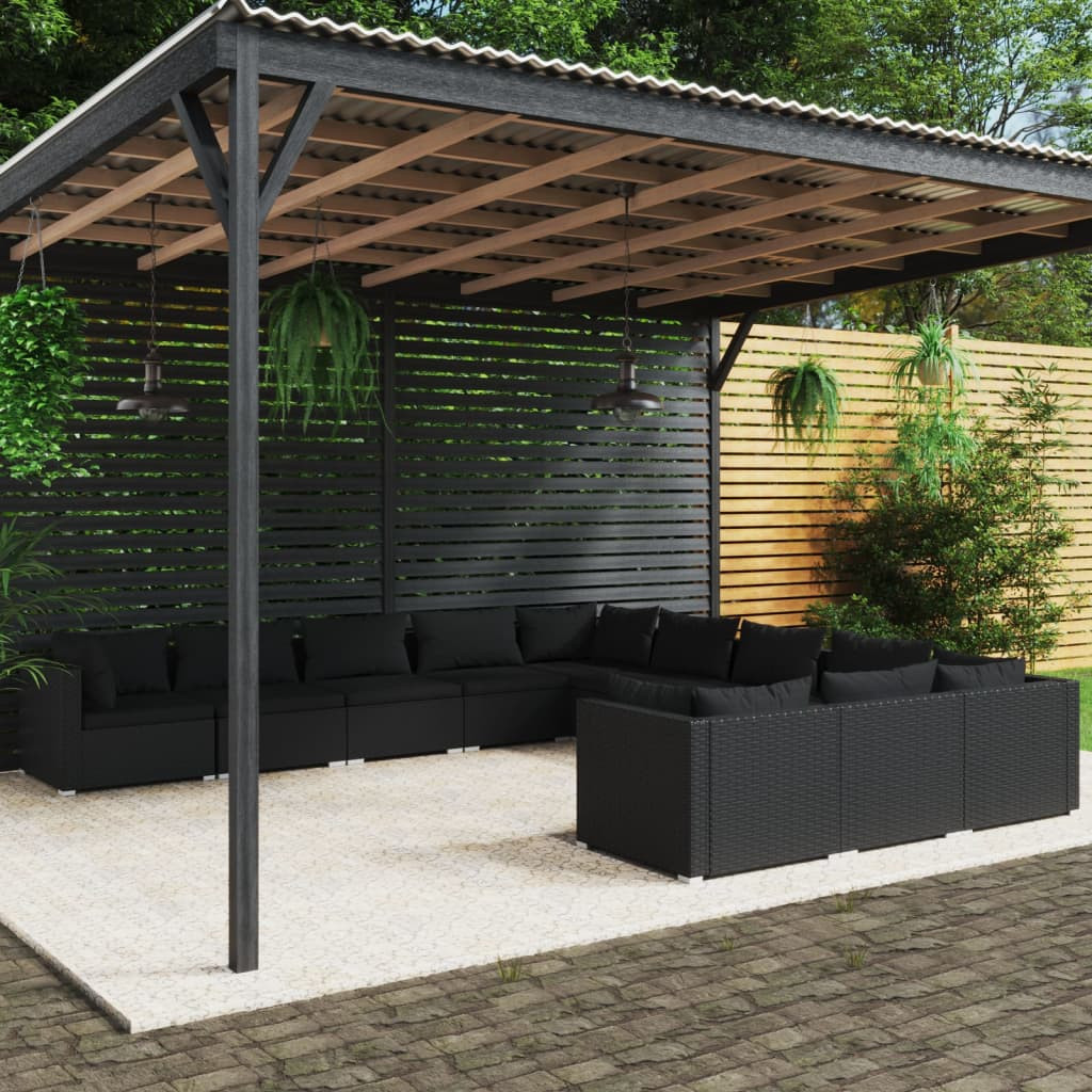 vidaXL 11-tlg. Garten-Lounge-Set mit Kissen Poly Rattan Schwarz