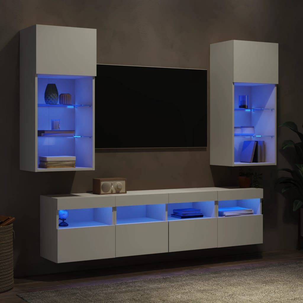 vidaXL 5-tlg. Wohnwand mit LED-Beleuchtung Weiß Holzwerkstoff