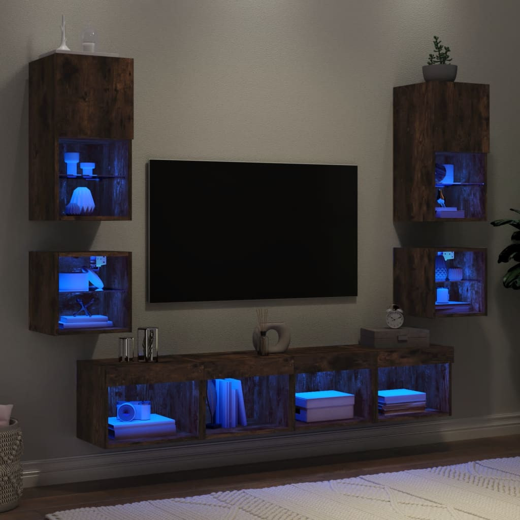 vidaXL 8-tlg. Wohnwand mit LED-Beleuchtung Räuchereiche Holzwerkstoff