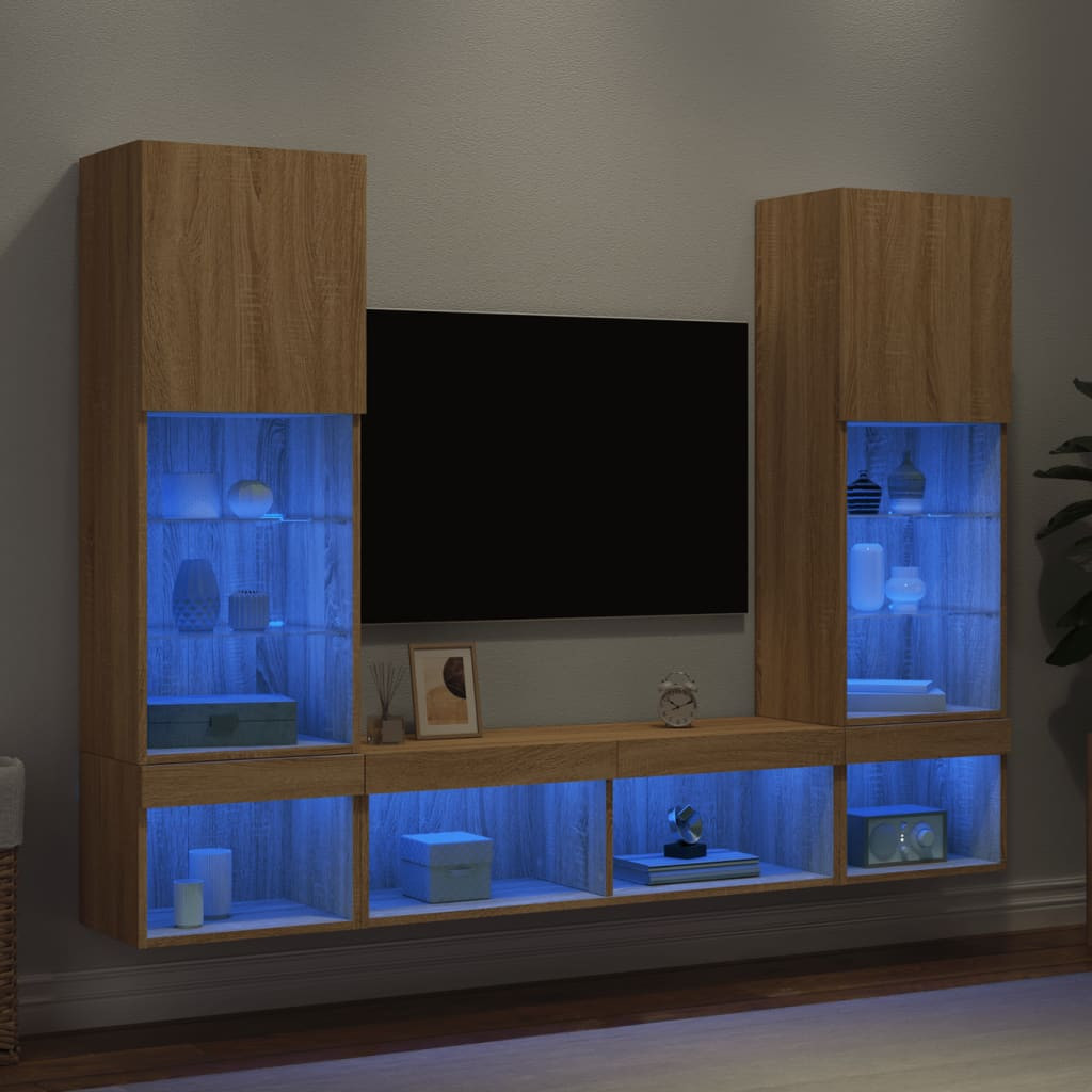 vidaXL 5-tlg. Wohnwand mit LED-Beleuchtung Sonoma-Eiche Holzwerkstoff