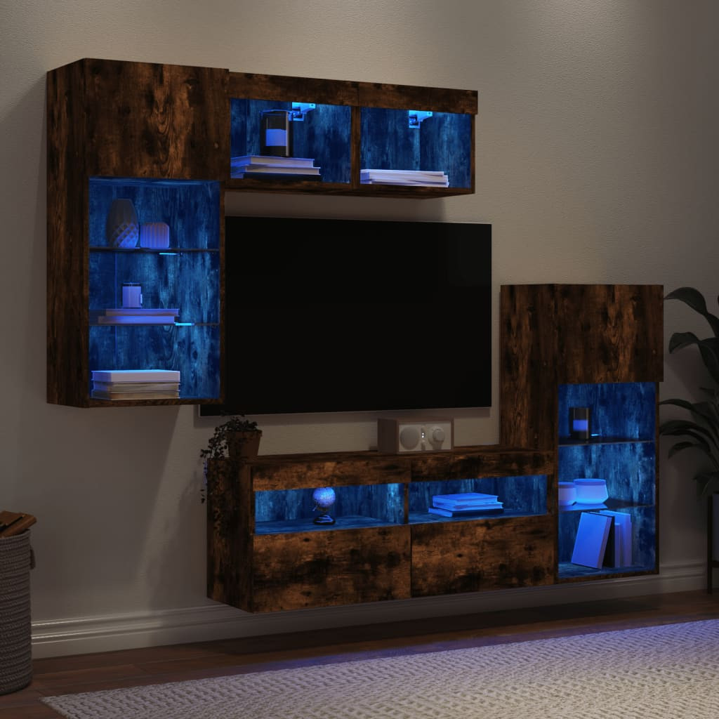 vidaXL 5-tlg. Wohnwand mit LED-Beleuchtung Räuchereiche Holzwerkstoff