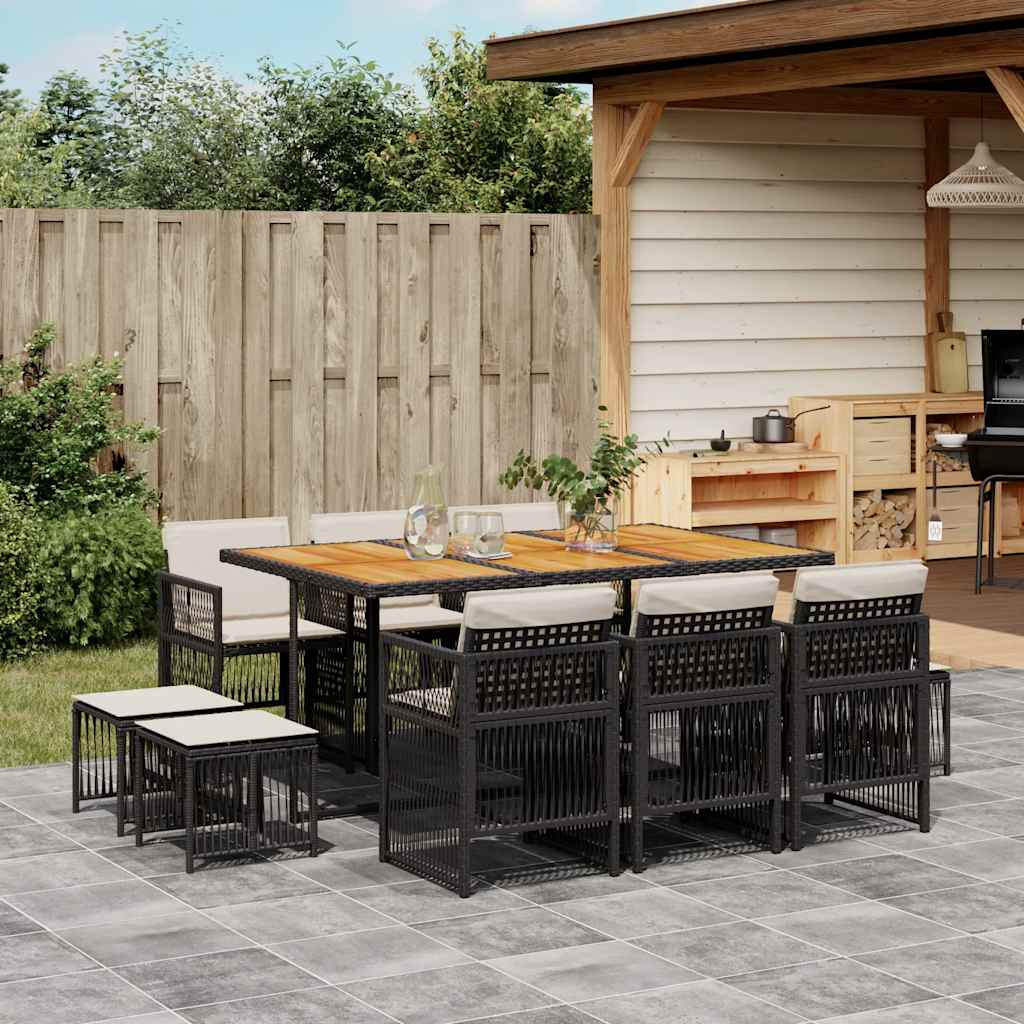 vidaXL 11-tlg. Garten-Essgruppe mit Kissen Schwarz Poly Rattan