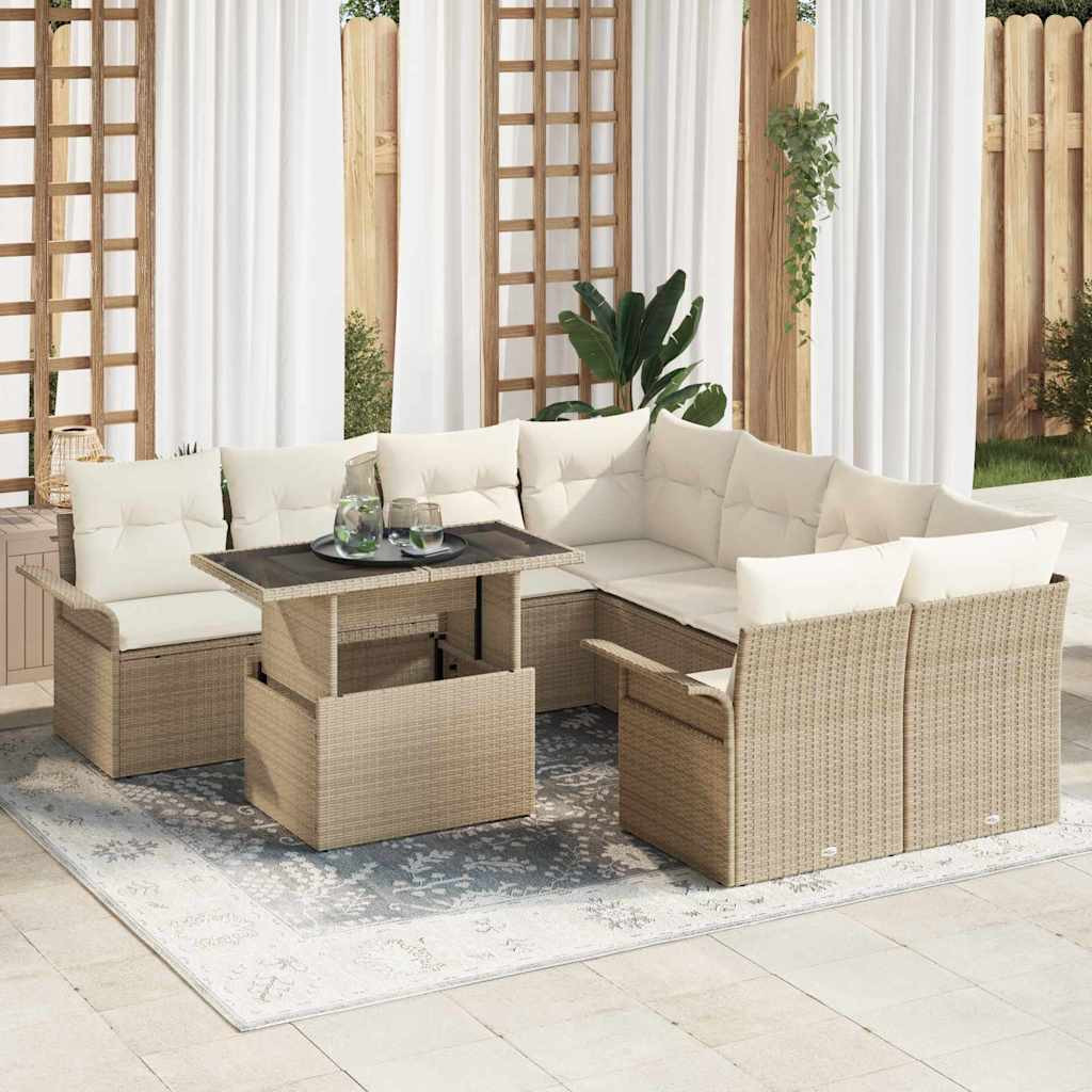 vidaXL Gartensofa-set mit Kissen mit Speicher 9 pcs Beige Poly Rattan