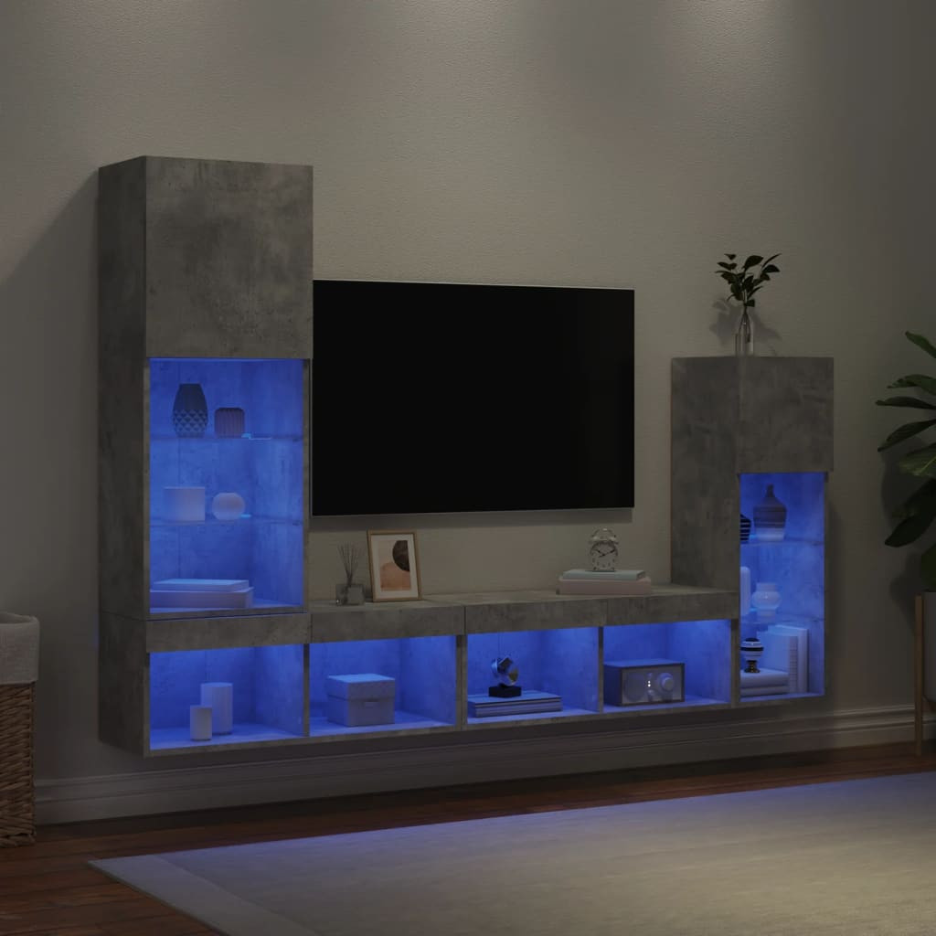 vidaXL 4-tlg. Wohnwand mit LED-Beleuchtung Betongrau Holzwerkstoff