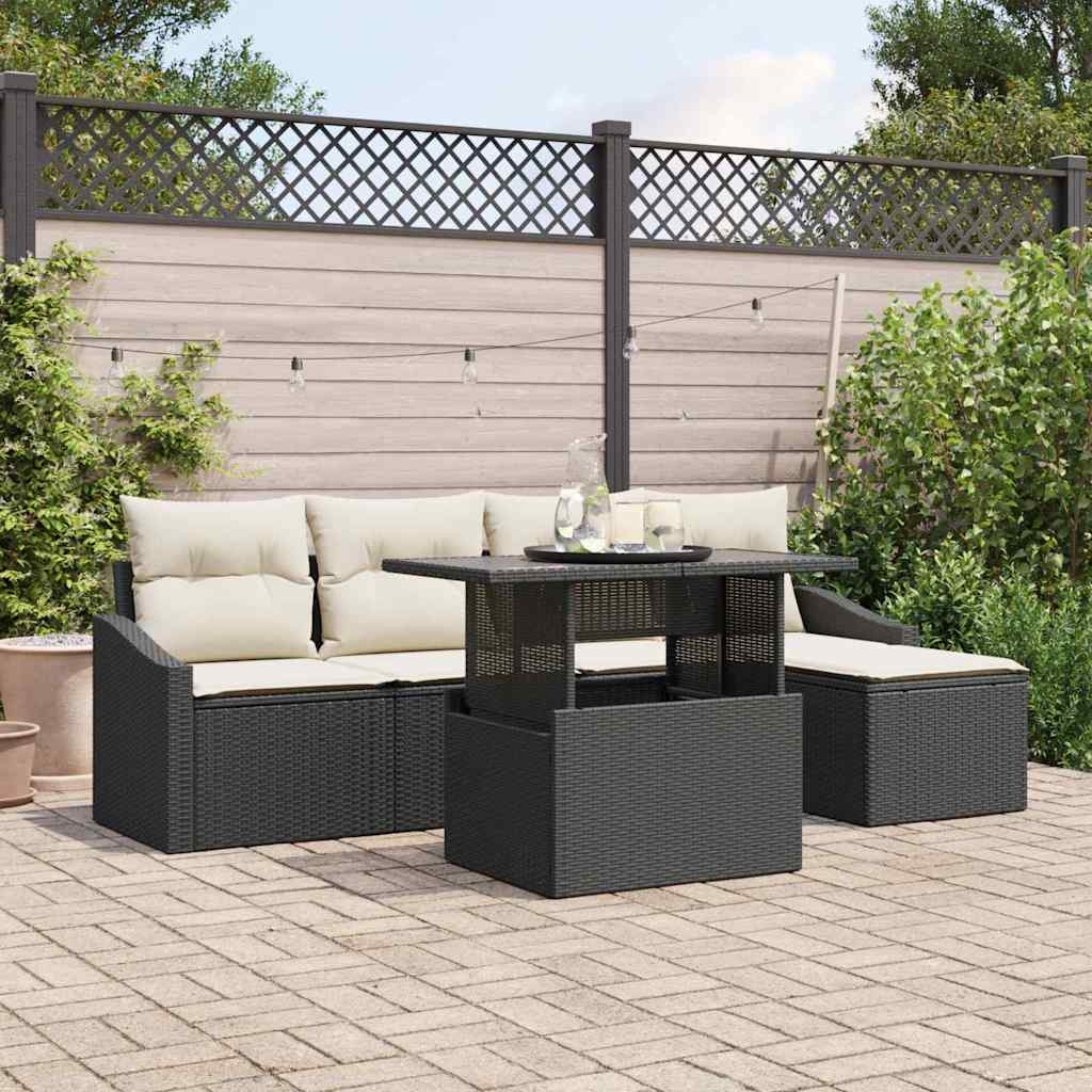 vidaXL Garten-Sofa-Set mit Kissen 6 pcs Schwarz und Creme Poly-Rattan