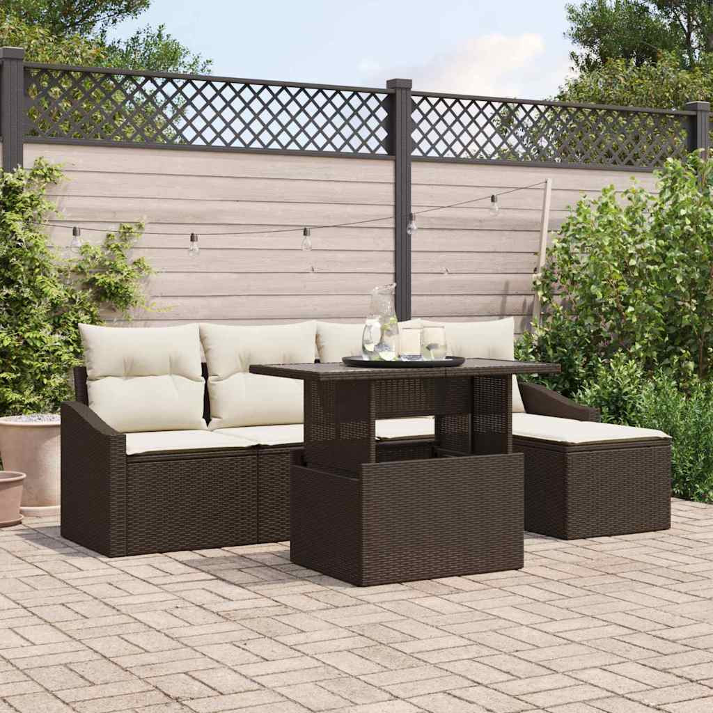 vidaXL Garten-Sofa-Set mit Kissen 6 pcs Braun und Creme Poly-Rattan