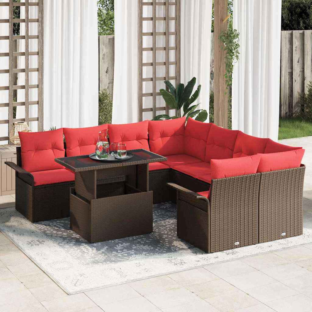vidaXL Gartensofa-set mit Kissen mit Speicher 9 pcs Braun Poly Rattan