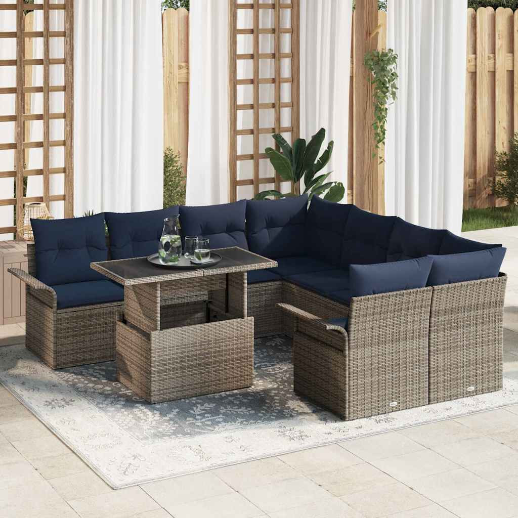 vidaXL Gartensofa-set mit Kissen mit Speicher 9 pcs Grau Poly Rattan
