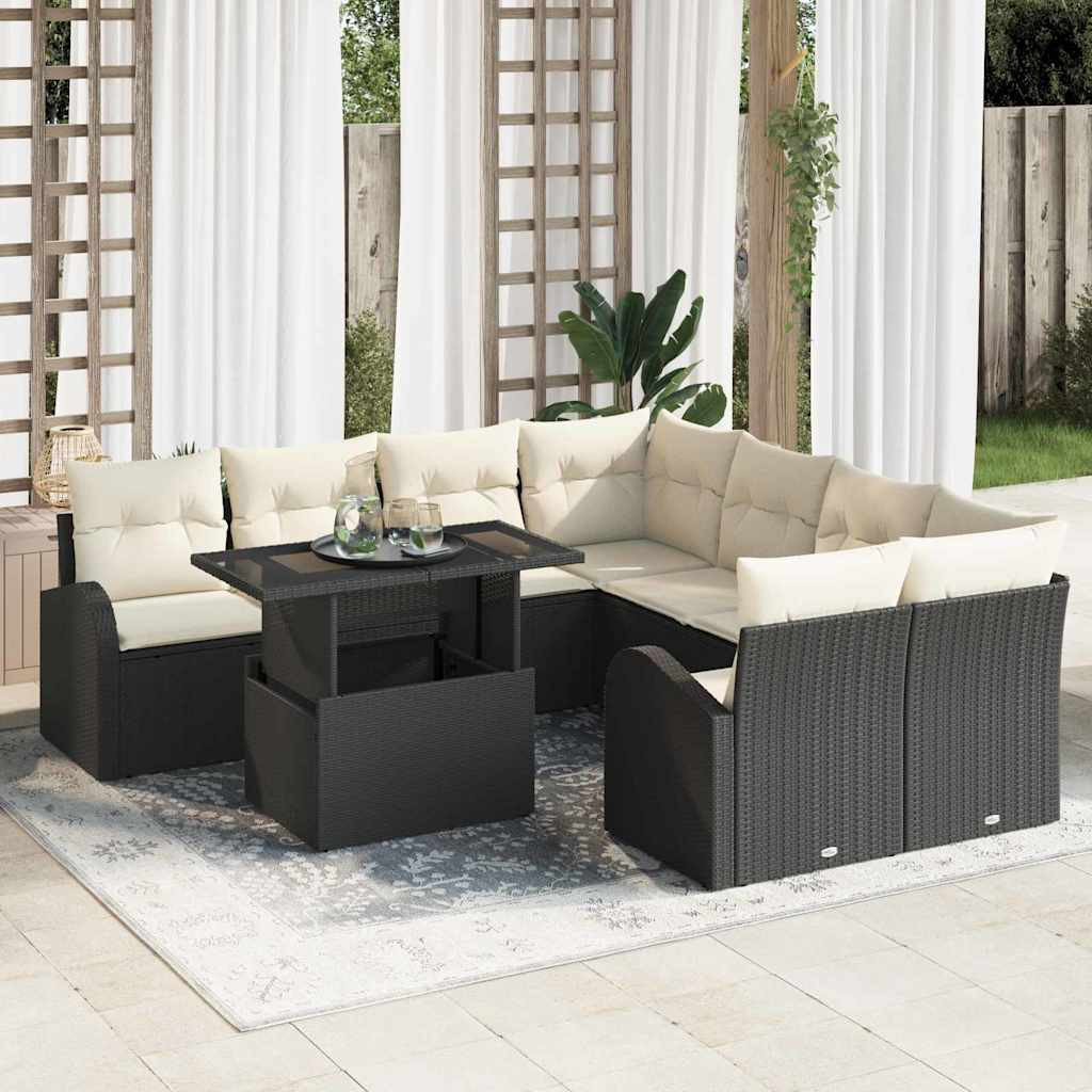 vidaXL Garten-Sofa-Set mit Kissen mit Kissen 9 pcs Schwarz Poly Rattan