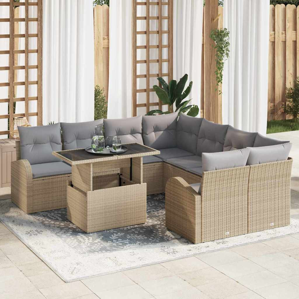 vidaXL Garten-Sofa-Set mit Kissen mit Speicher 9 pcs Beige Poly Rattan