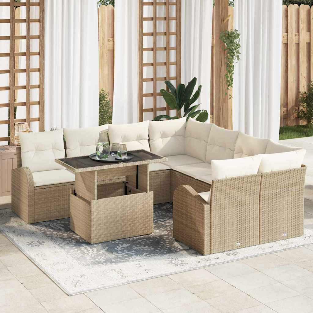 vidaXL Garten-Sofa-Set mit Kissen mit Speicher 9 pcs Beige Poly Rattan