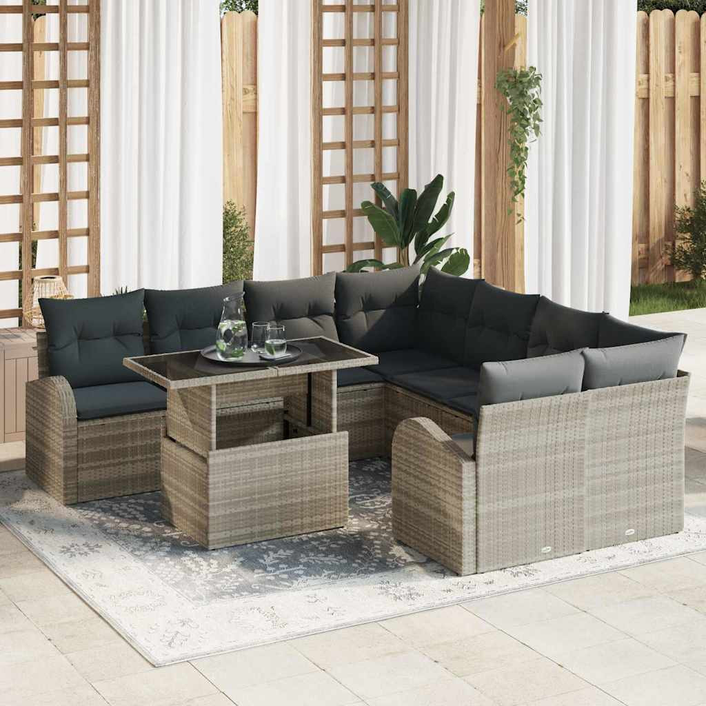 vidaXL Garten-Sofa-Set mit Kissen 9 pcs Hellgrau Poly Rattan