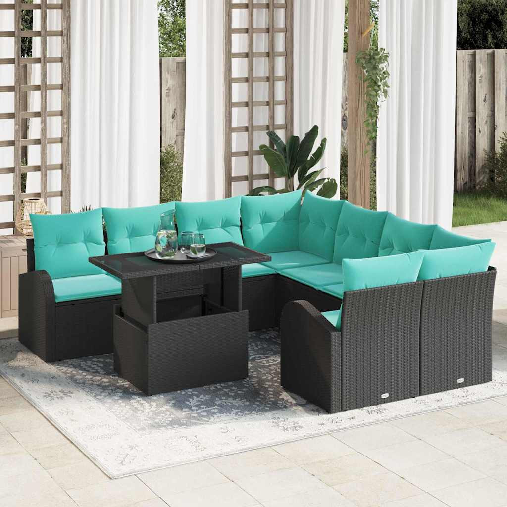 vidaXL Garten-Sofa-Set mit Kissen mit Kissen 9 pcs Schwarz Poly Rattan