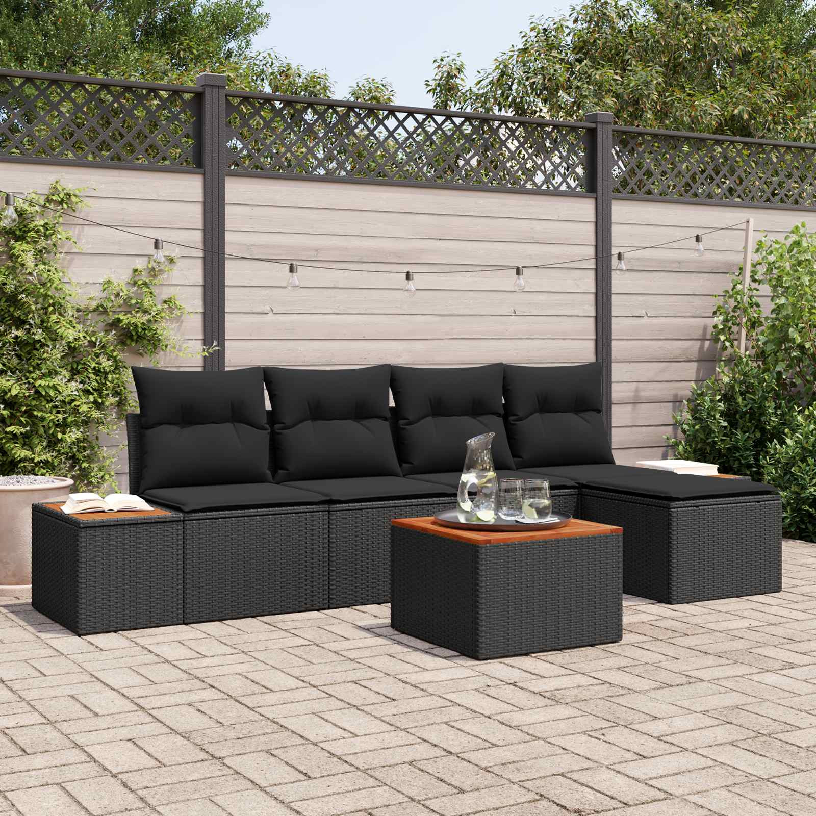 vidaXL Gartensofa-set mit Kissen mit Speicher 6 pcs Schwarz Polyrattan