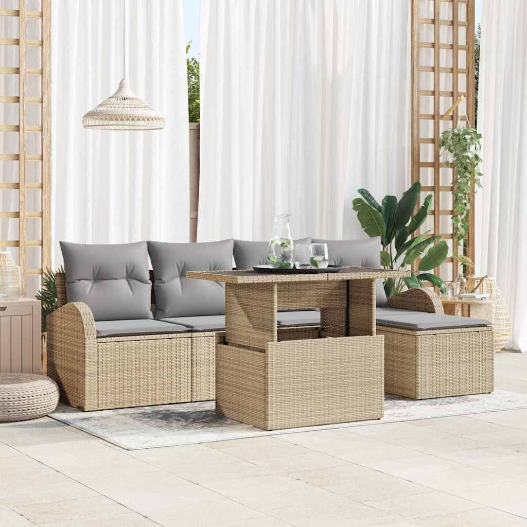 vidaXL Garten-Sofa-Set mit Kissen mit Speicher 6 pcs Beige Poly Rattan