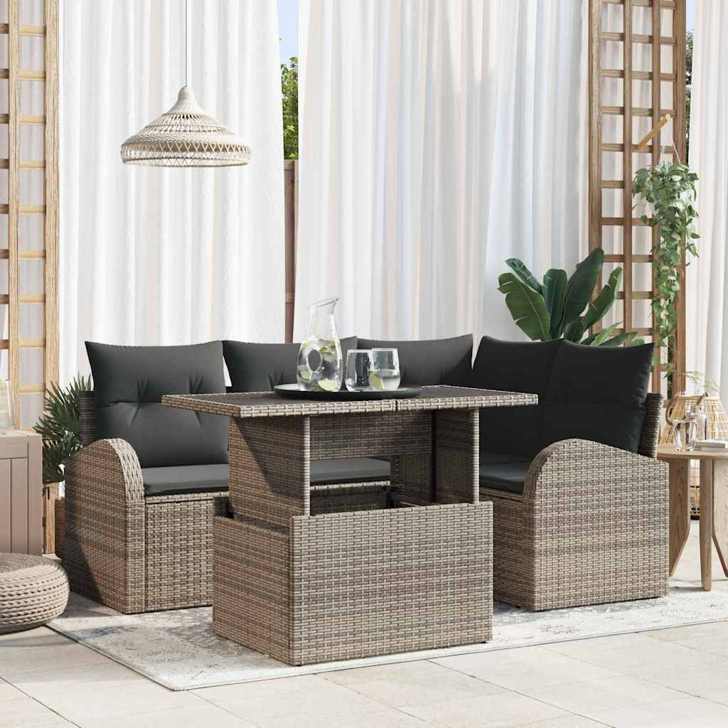 vidaXL Gartensofa-set mit Kissen mit Speicher 5 pcs Grau Poly Rattan