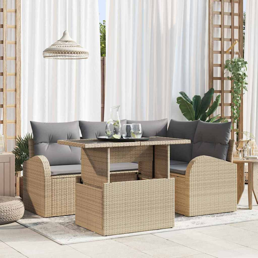 vidaXL Gartensofa-set mit Kissen mit Speicher 5 pcs Beige Poly Rattan