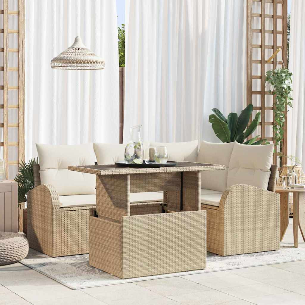 vidaXL Gartensofa-set mit Kissen mit Speicher 5 pcs Beige Poly Rattan