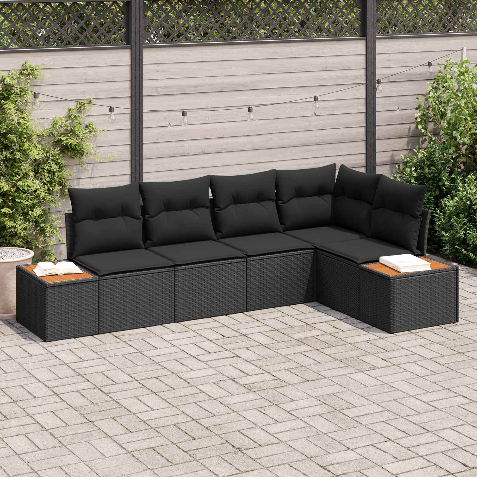 vidaXL Garten-Sofa-Set mit Kissen 5 pcs Schwarz Poly Rattan