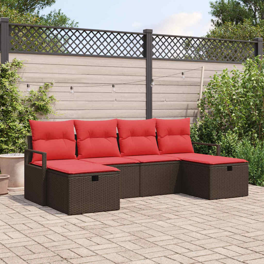 vidaXL Sofa Set mit Kissen 6 pcs Braun und Rot Poly-Rattan