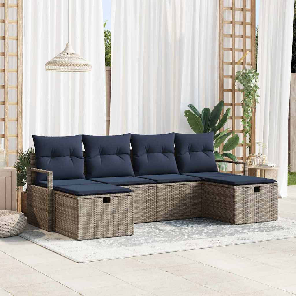 vidaXL Sofa Set mit Kissen 6 pcs Grau und Marineblau Poly-Rattan