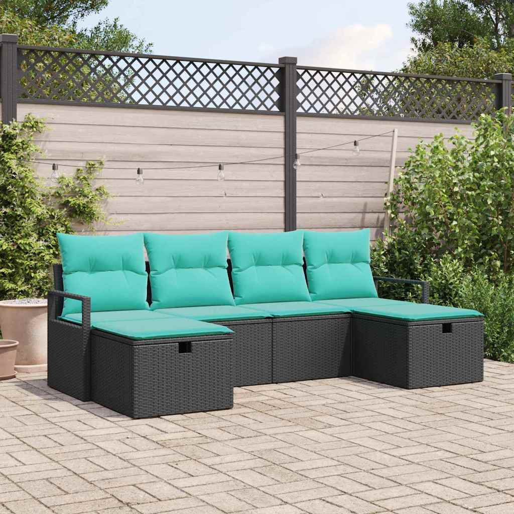 vidaXL Sofa Set mit Kissen 6 pcs Schwarz und Türkis Poly-Rattan