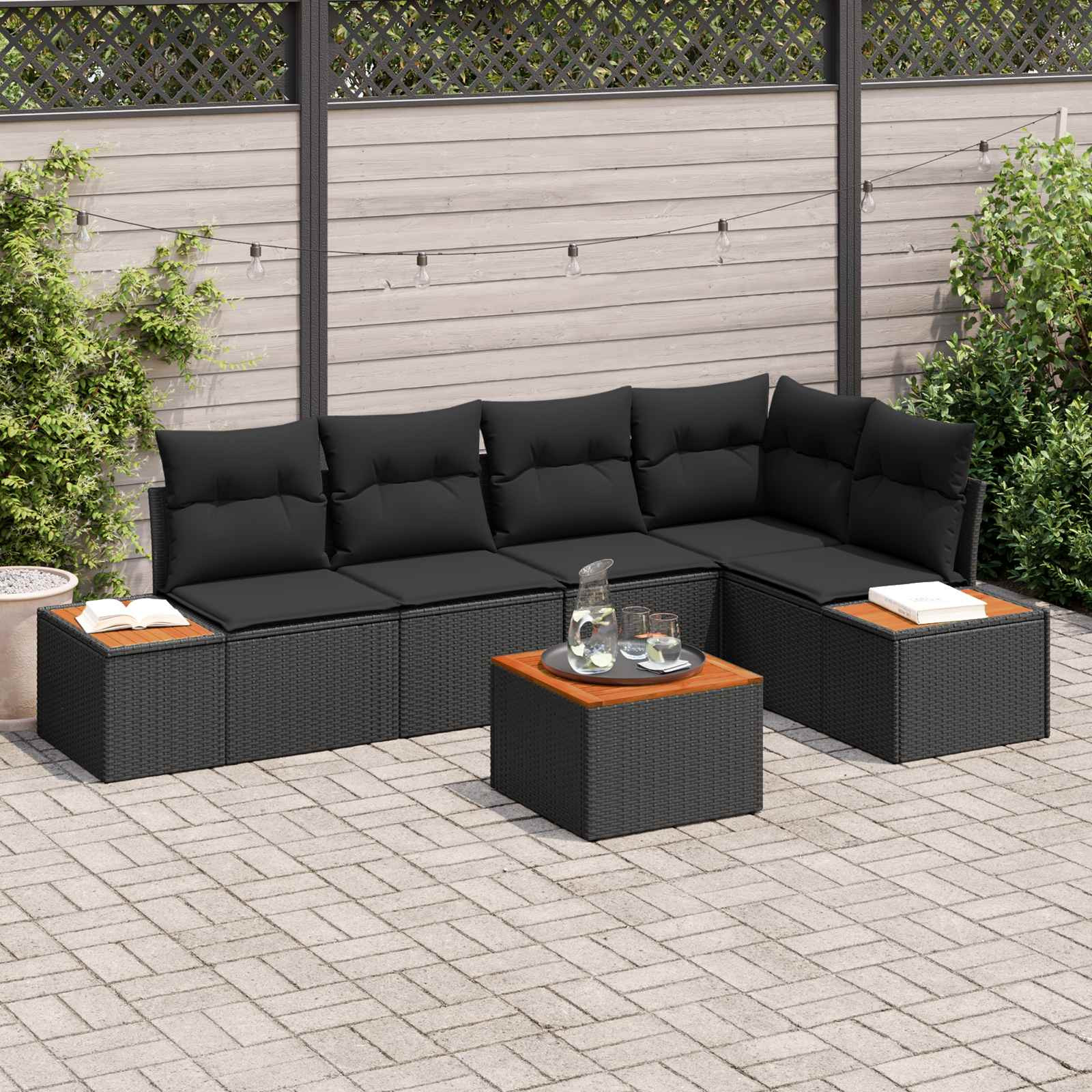 vidaXL Garten-Sofa-Set mit Kissen 6 pcs Schwarz Poly Rattan