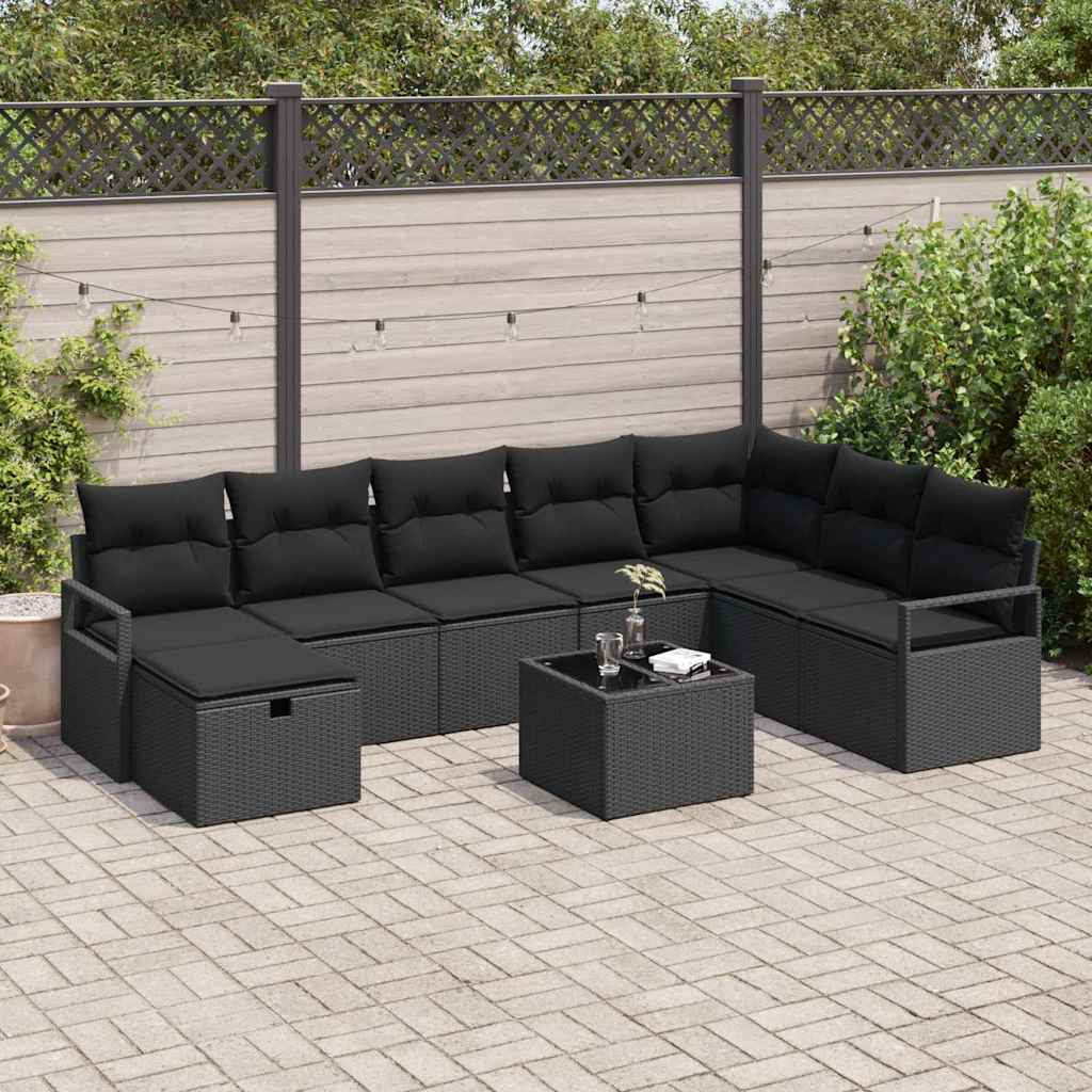vidaXL Sofa Set mit Kissen mit Speicher 9 pcs Schwarz Poly-Rattan